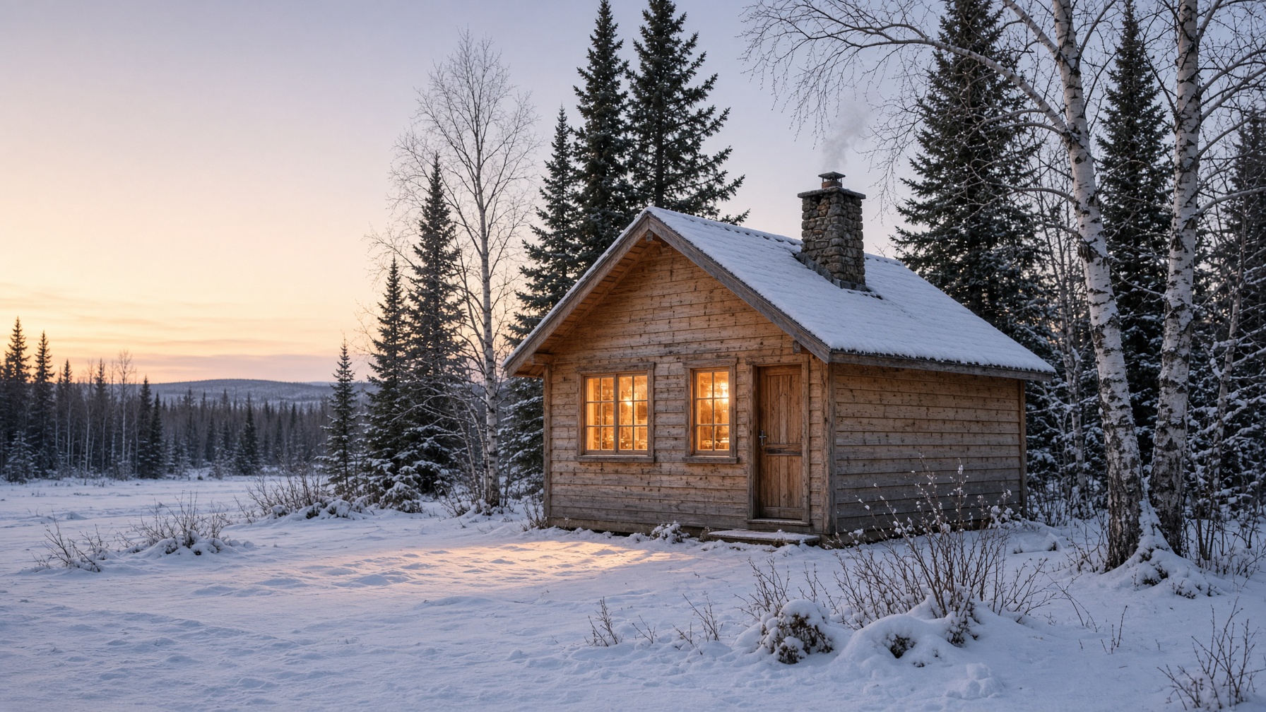 A cedar cottage at dusk, windows glowing warm against the snow and spruce